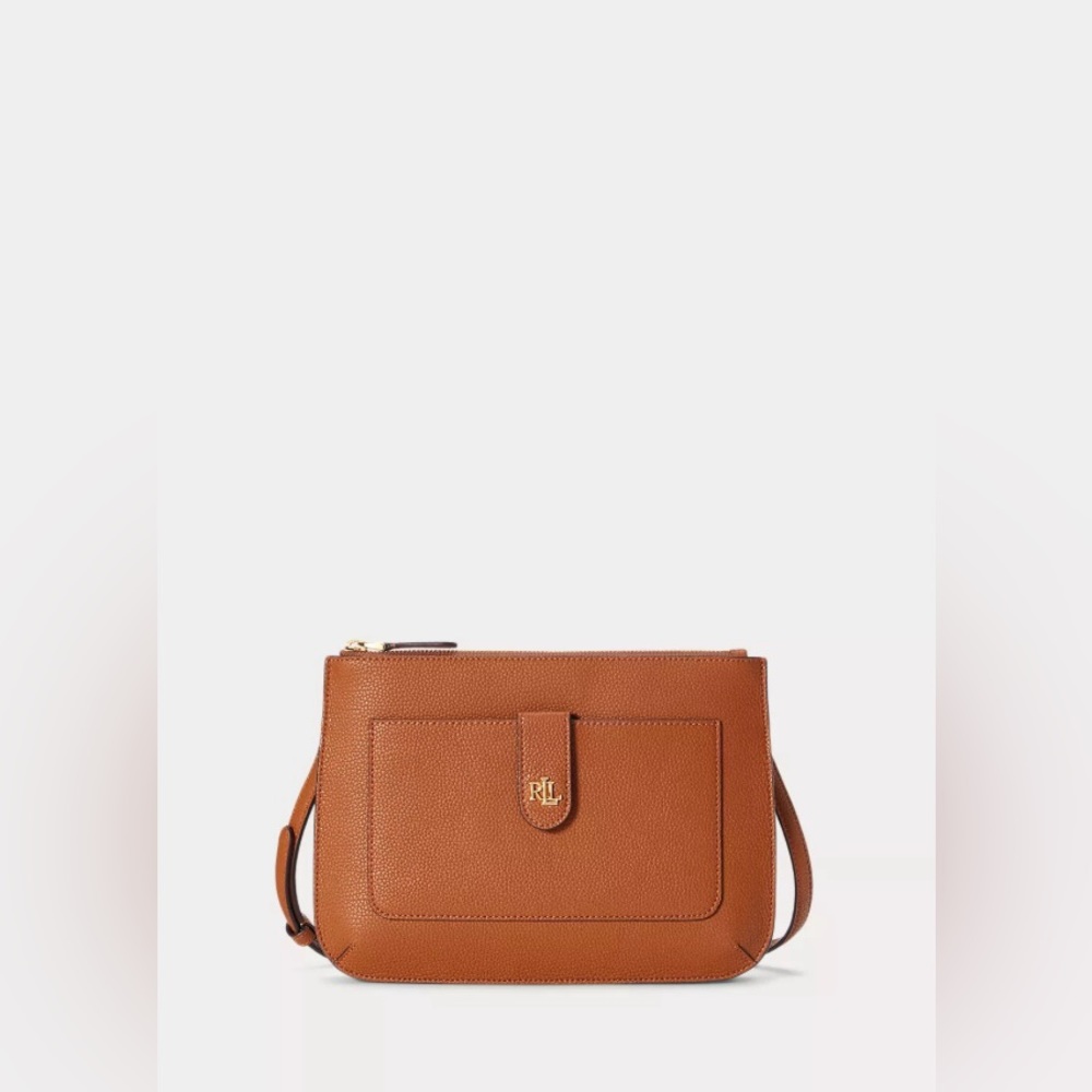 Lauren Ralph Lauren Tan Pebbled Leather Flat Medium Jamey Crossbody Bag